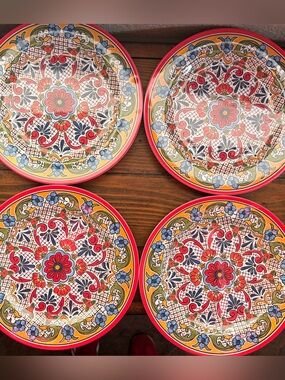 Panama Jack Red Multicolor Floral Ceramic Dinner Plates - Set of 4